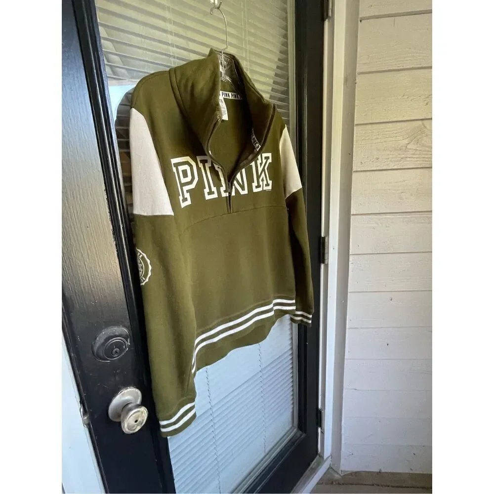 Victoria Secret Pink Olive Green 1/4 zip Pull over sweater Jacket Size XS - Picture 10 of 12